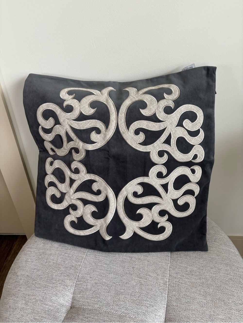 Velvet Embroidered Scroll Gray and Cream Throw Pillow Cover  (cover only) 20x20